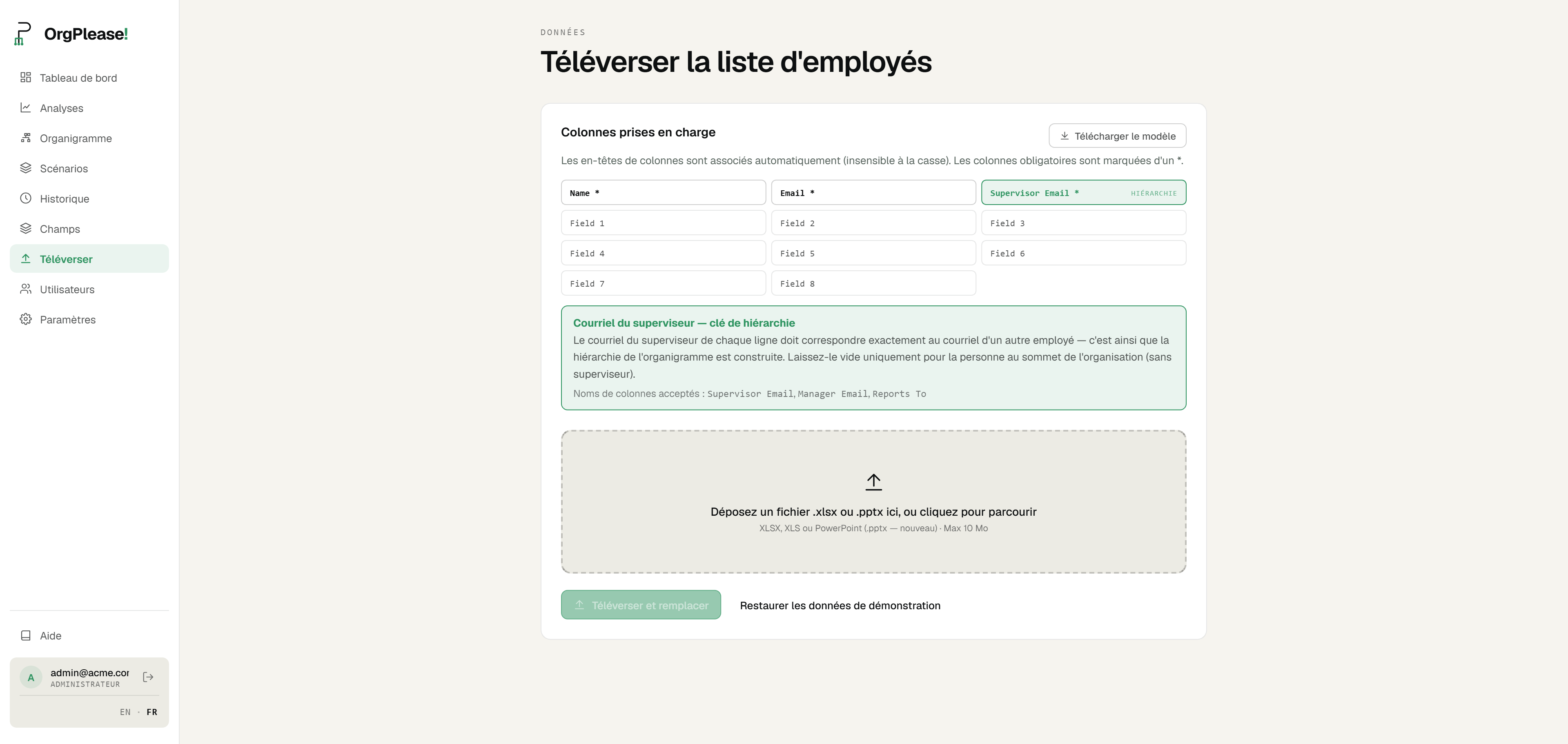La page Téléverser la liste d'employés d'OrgPlease!, avec les colonnes prises en charge : le courriel du superviseur y est indiqué comme clé de hiérarchie, et Manager Email figure parmi les noms de colonnes acceptés