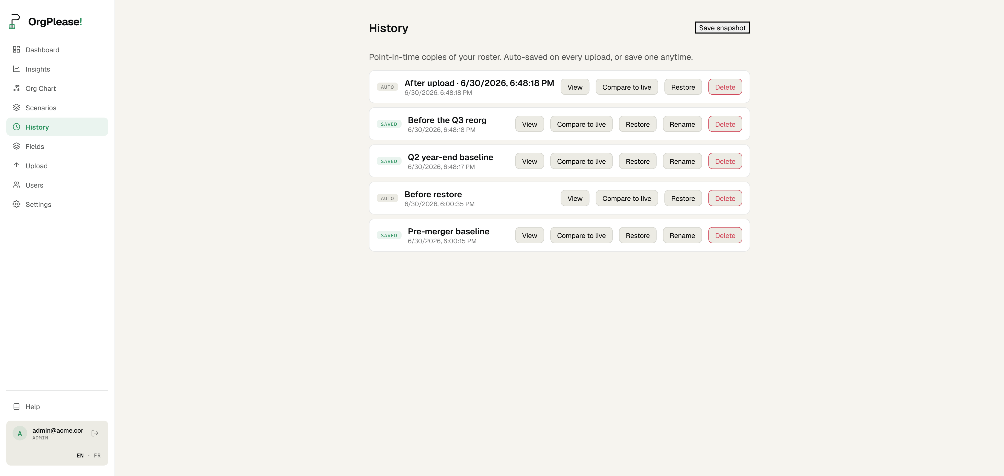 The OrgPlease History page listing point-in-time snapshots with view, compare, and restore