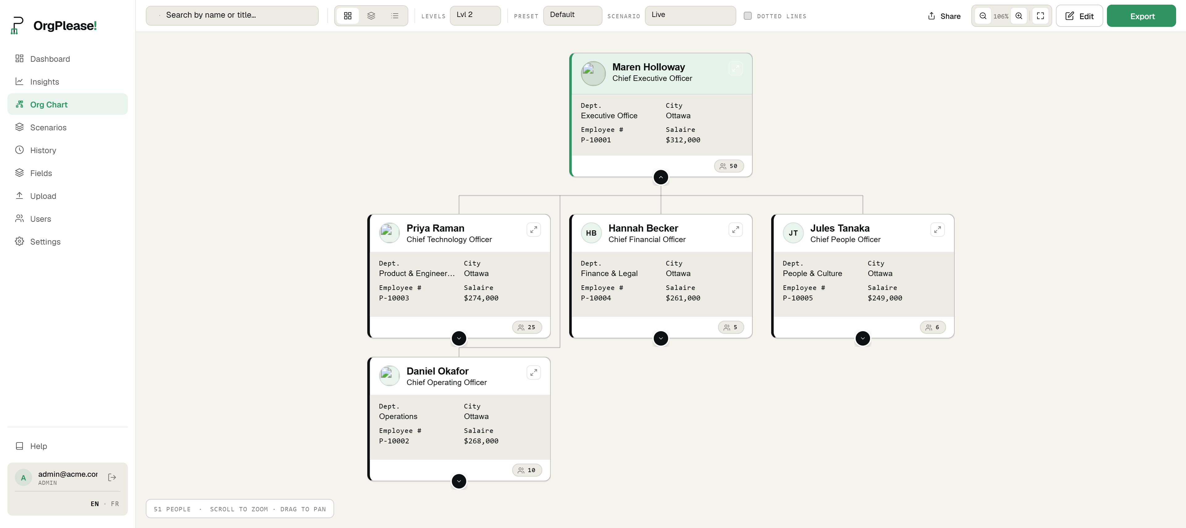 An org chart generated from a spreadsheet, ready to export to PowerPoint