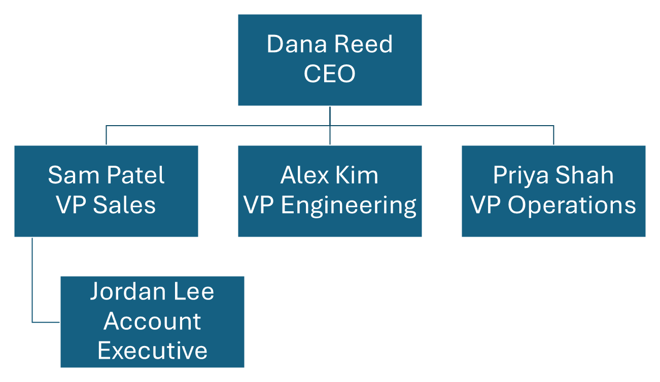 A four-level org chart built with PowerPoint's SmartArt Organization Chart layout: a CEO at the top, three VPs below, and an account executive reporting to the VP of Sales
