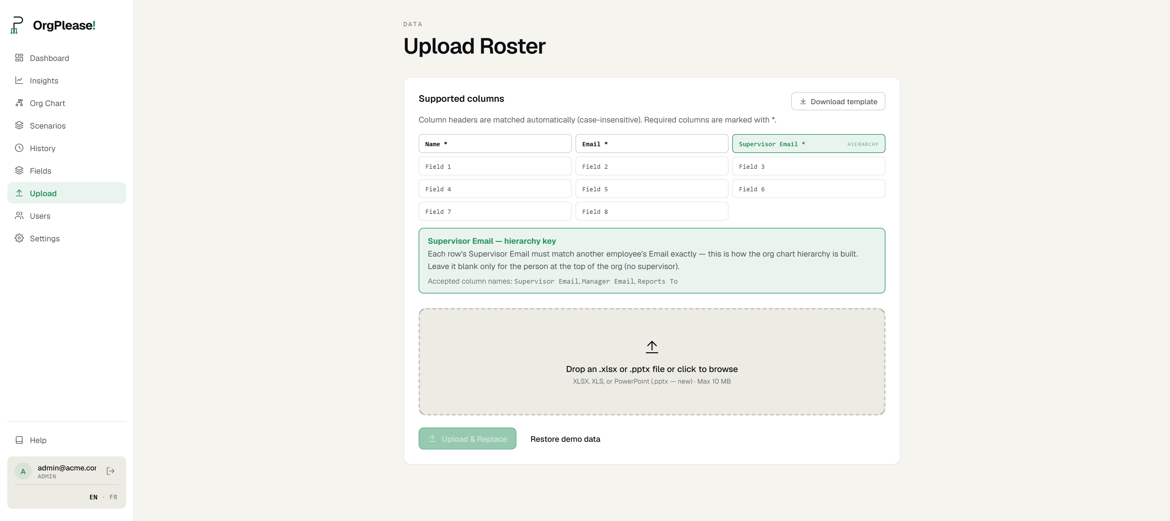 The OrgPlease! Upload Roster page listing the supported columns, with Supervisor Email marked as the hierarchy key and Manager Email shown as an accepted column name